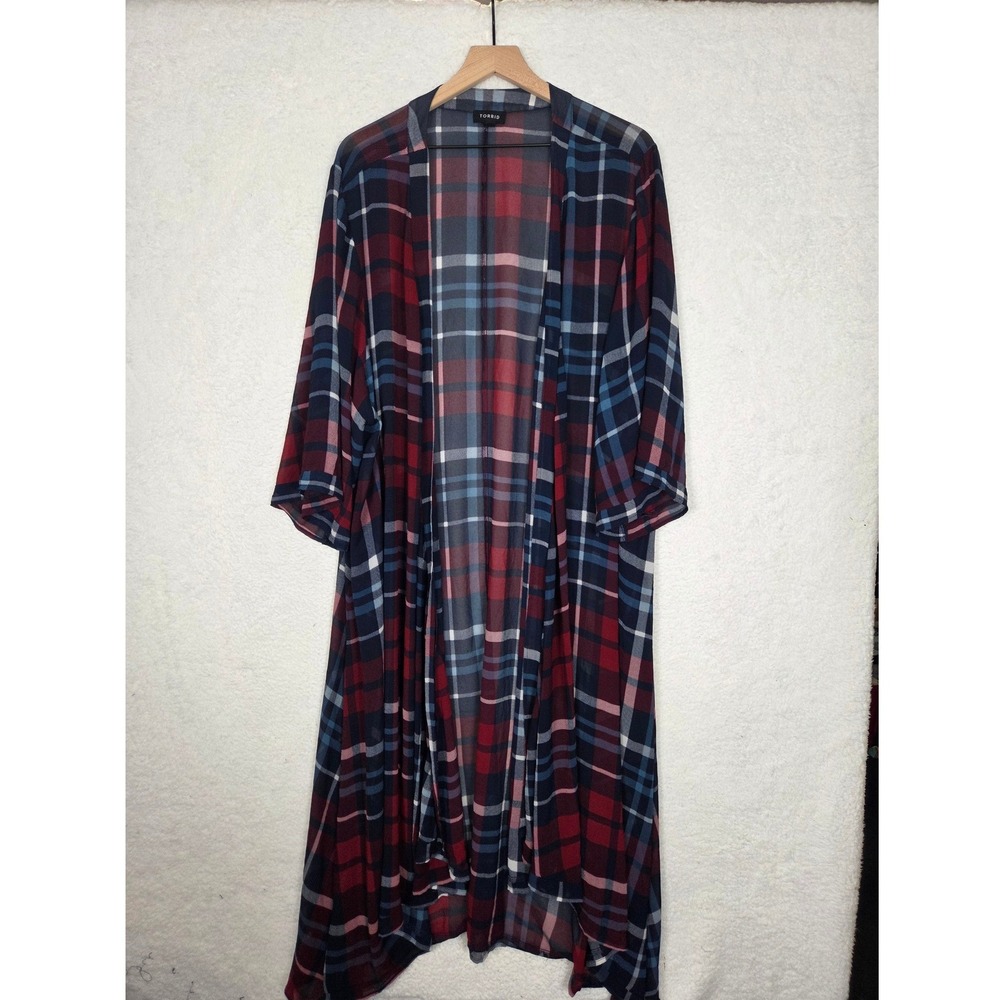 Torrid Open Front Longline Kimono Duster‎ Plaid Sheer Cardigan 5/6